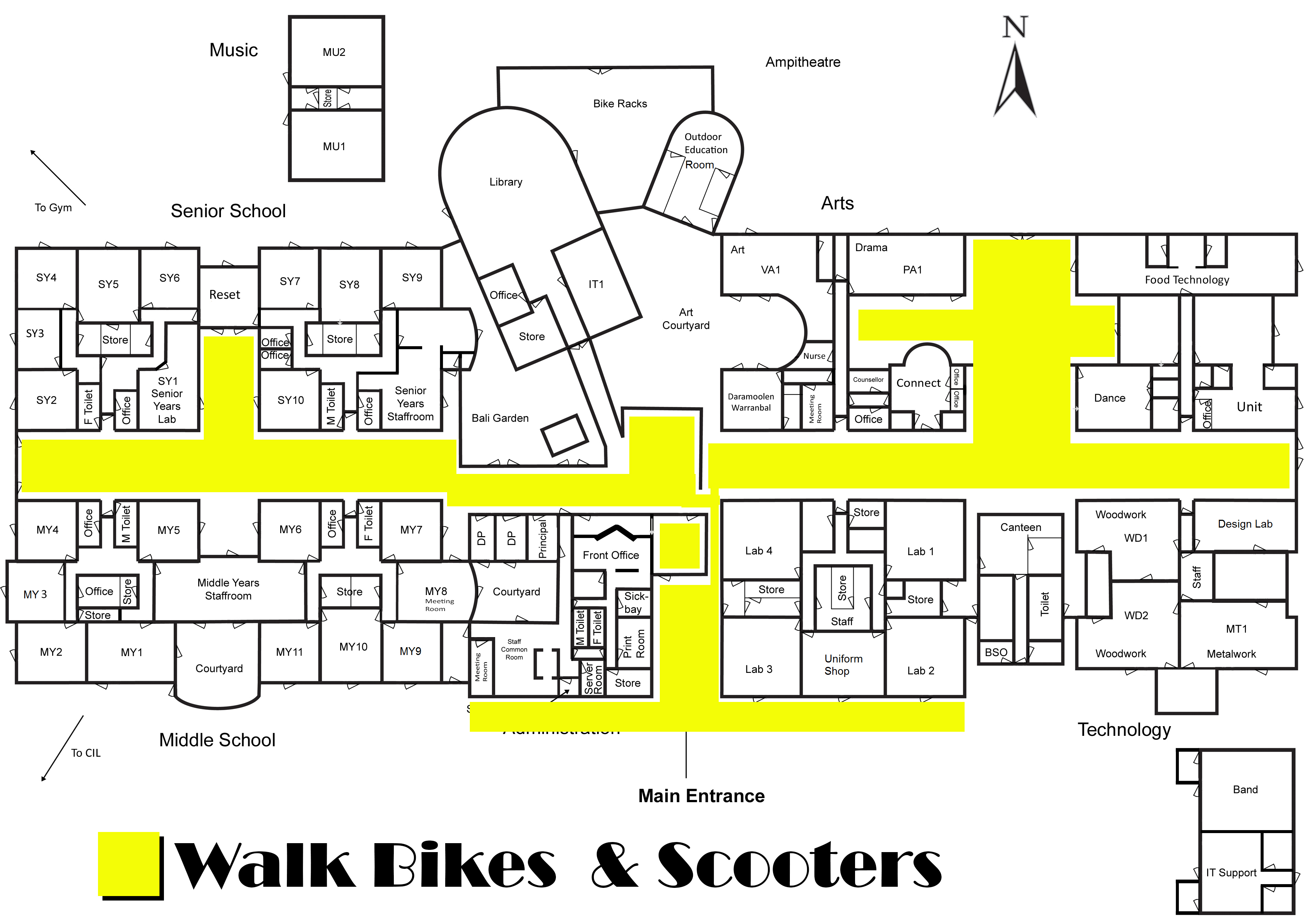 A map of where students must walk their bikes and scooters in the